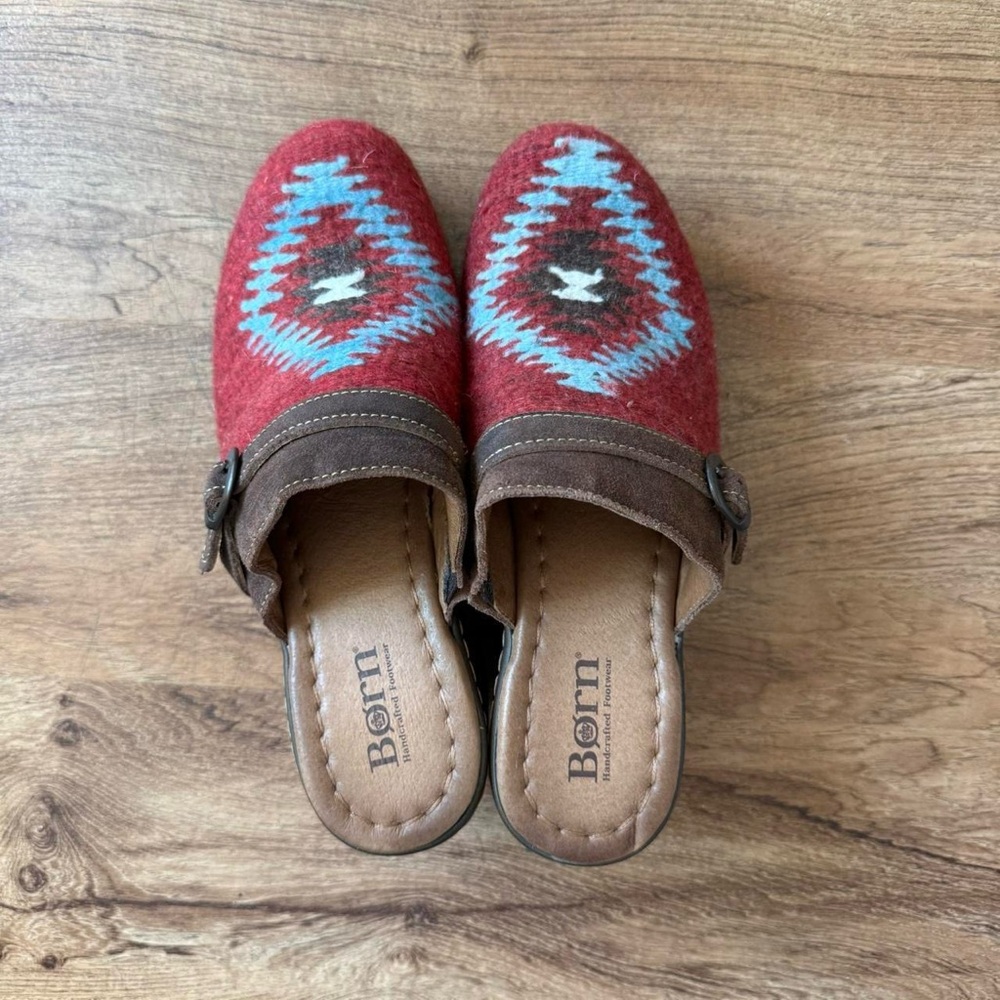 Born Red Wool Platform Clogs with Turquoise Stitching - Picture 6 of 8